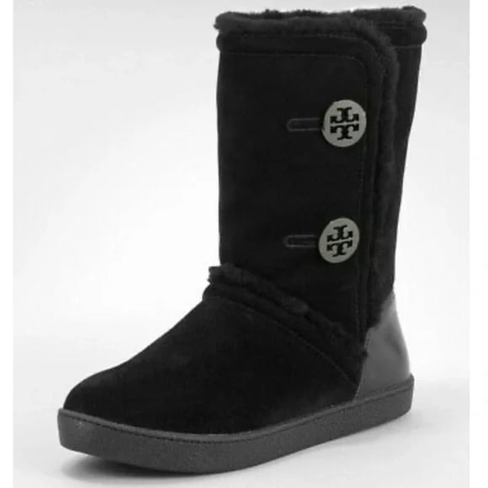 Tory Burch Shearling Boots Black Logo Button Real Fur